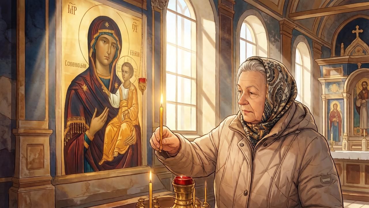 Икона мученика Марина и преподобного Пимена с горящей свечой в храме — иллюстрация к православному празднику 20 августа.